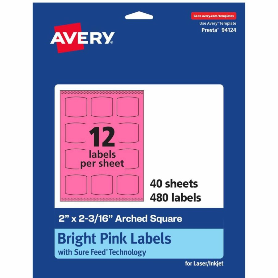 AVERY Bright Pink Printable Arched Square Labels, 2" x 2-3/16", Sure Feed Technology, 240 Labels for Laser/Inkjet Printers, Ideal for Cosmetics and Soaps Packaging