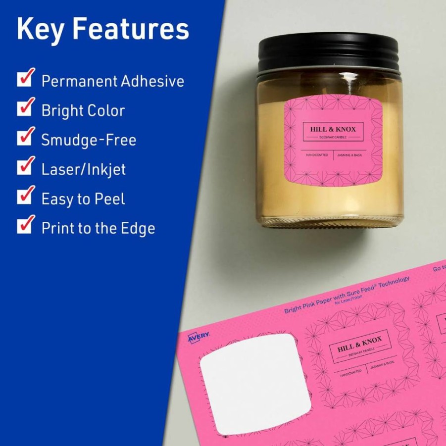 AVERY Bright Pink Printable Arched Square Labels, 2" x 2-3/16", Sure Feed Technology, 240 Labels for Laser/Inkjet Printers, Ideal for Cosmetics and Soaps Packaging
