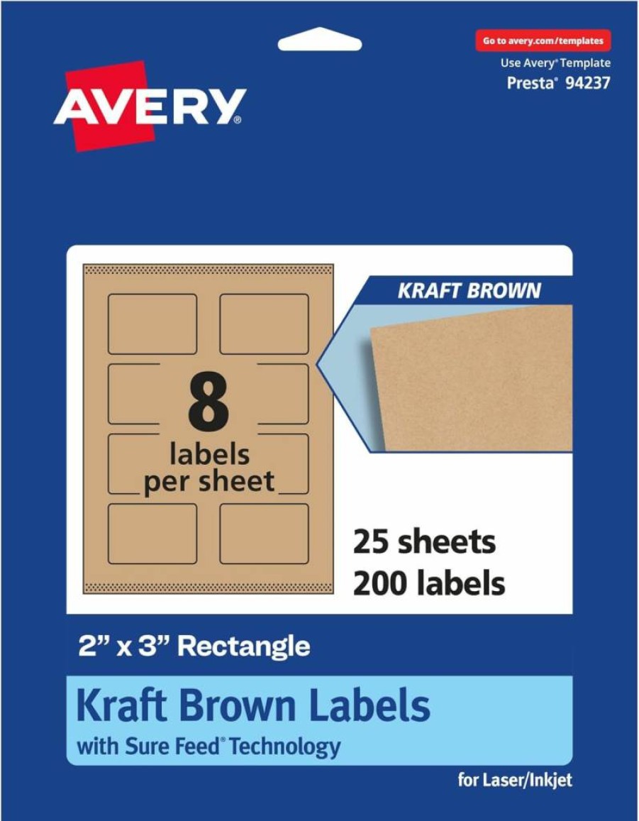 Avery 2" x 3" Kraft Brown Rectangle Labels with Sure Feed Technology, 120-Pack, Print-To-The-Edge for Laser/Inkjet Printers