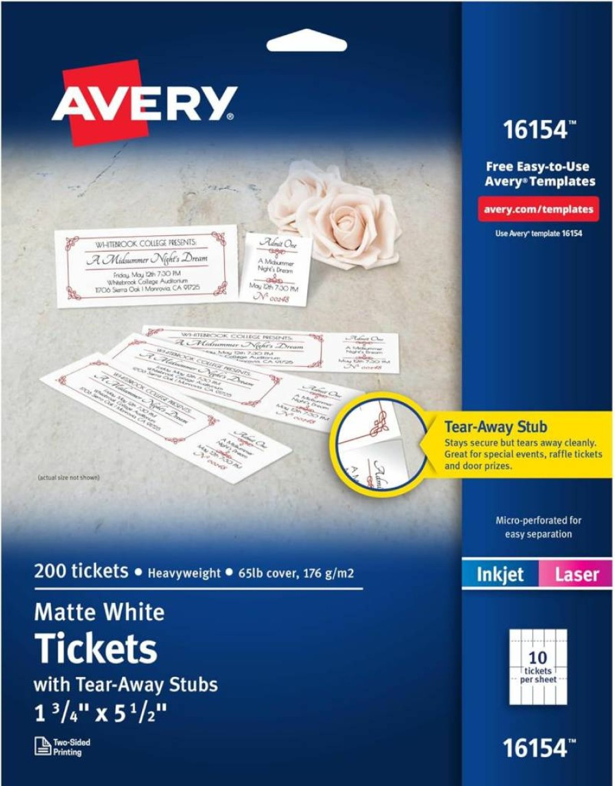 AVERY 16154 Printable Blank Tickets with Tear-Away Stubs, 1.75" x 5.5", Matte White, 200 Sheets for Laser & Inkjet Printers