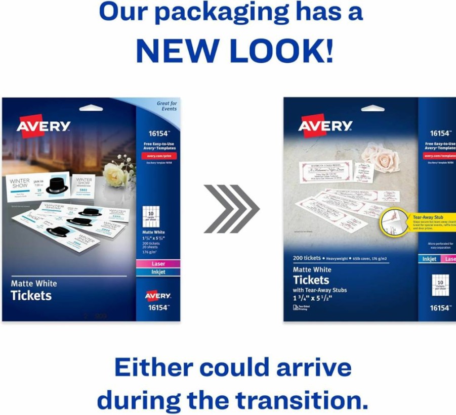 AVERY 16154 Printable Blank Tickets with Tear-Away Stubs, 1.75" x 5.5", Matte White, 200 Sheets for Laser & Inkjet Printers