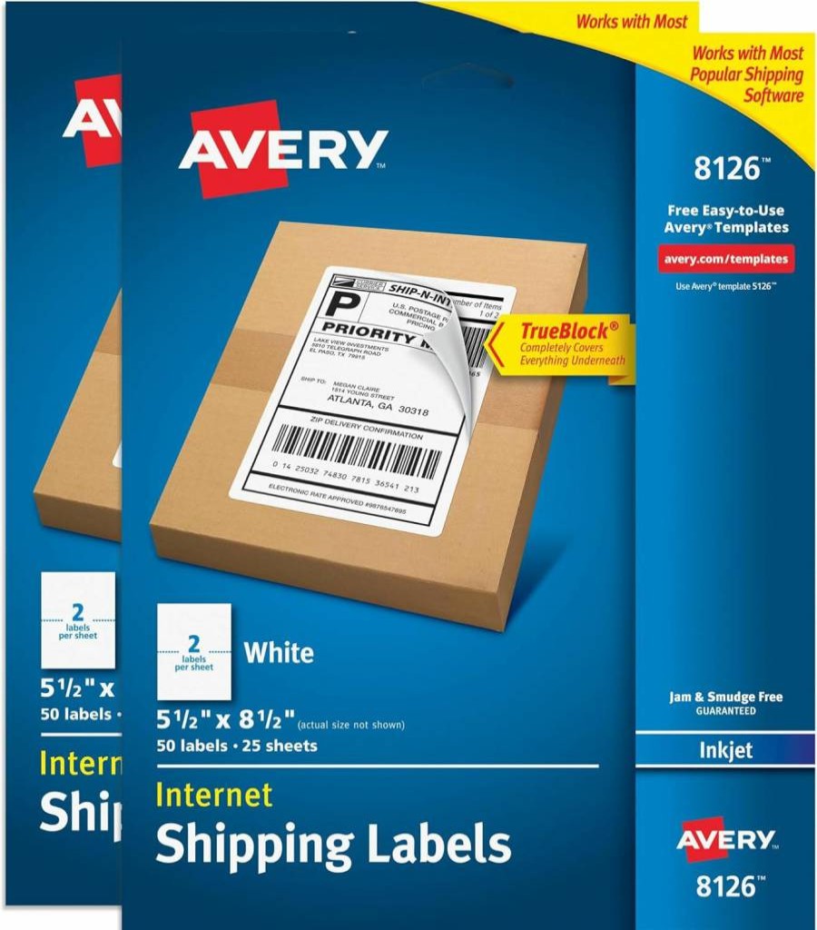 AVERY 8126 Half-Sheet Printable Shipping Labels, 5.5" x 8.5" White Customizable Stickers, 2-Pack with 100 Blank Mailing Labels for Shipping, Organizing and Mailing
