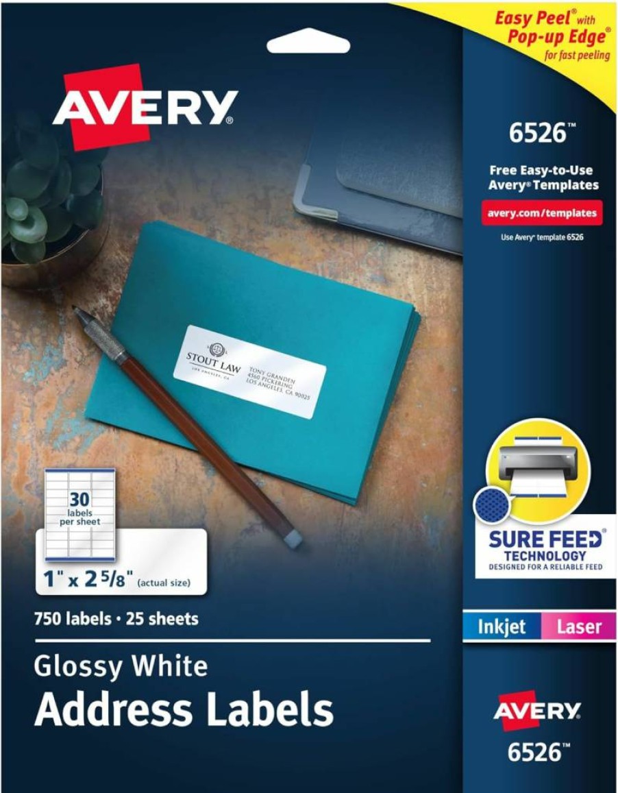 Avery 6526 Glossy White Address Labels, 1" x 2-5/8", Sure Feed & Easy Peel, Permanent Adhesive, 750 Labels for Laser/Inkjet Printers