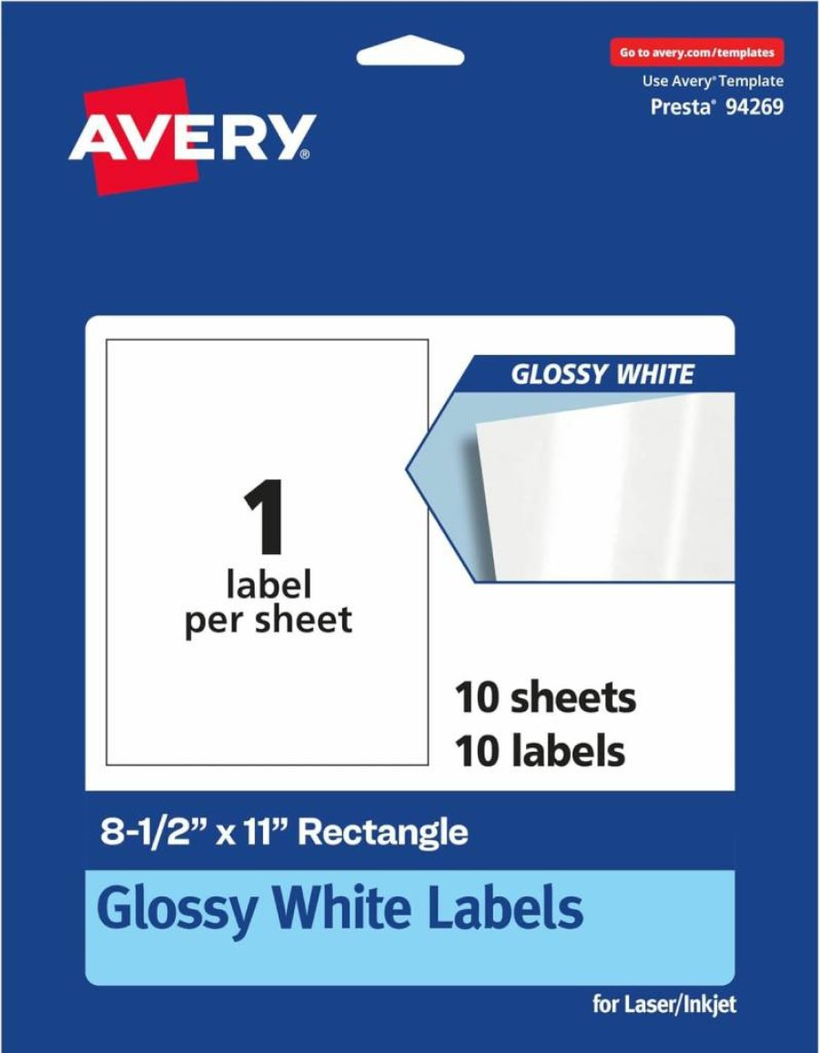 AVERY Glossy White 8.5" x 11" Printable Labels - 10-Pack Permanent Adhesive Laser/Inkjet Sticker Sheets for Shipping & Mailing