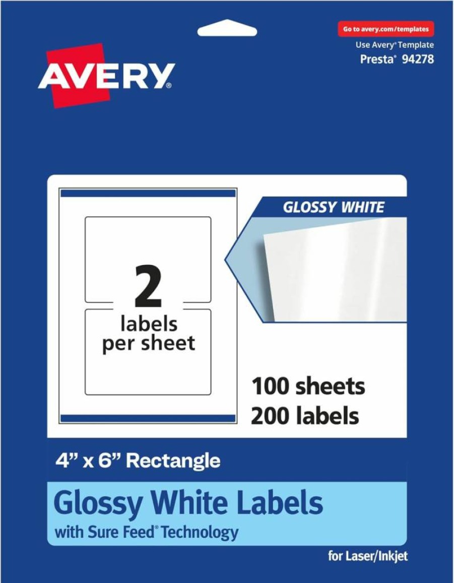 Avery Glossy White 4" x 6" Rectangle Labels with Sure Feed Technology, 50-Pack, Permanent Adhesive, Print-To-The-Edge for Laser/Inkjet Printers