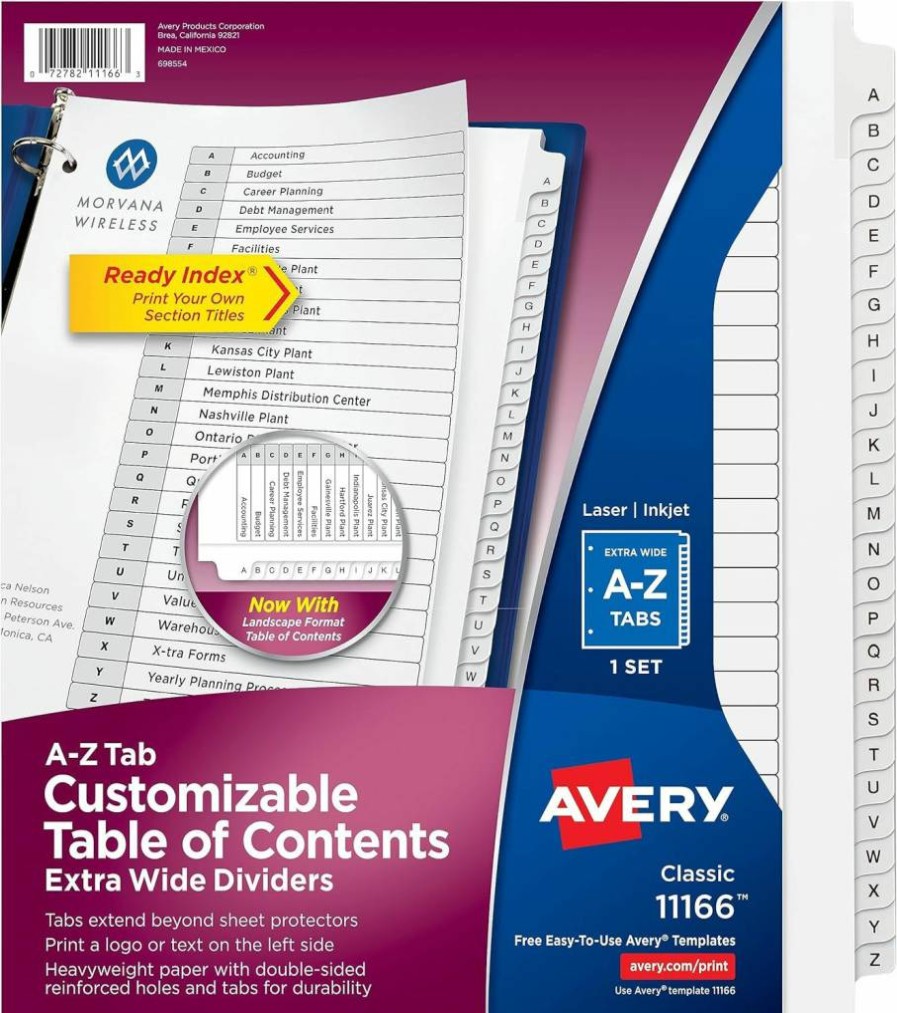 AVERY Customizable 26-Tab Dividers for 3-Ring Binders, Multicolor Extra-Wide Index Tabs with Table of Contents, 1 Set (11166)