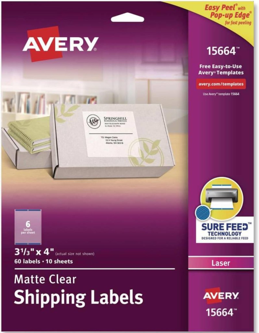 Avery 15664 Printable Shipping Labels 3-1/3" x 4" Matte Clear, 60 Blank Mailing Labels with Sure Feed Technology