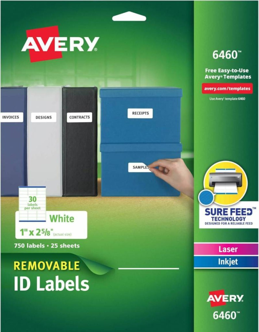 Avery 6460 Removable ID Labels, 1" x 2-5/8", 750 Pack, Sure Feed Technology, Easy Peel Adhesive for Temporary Identification