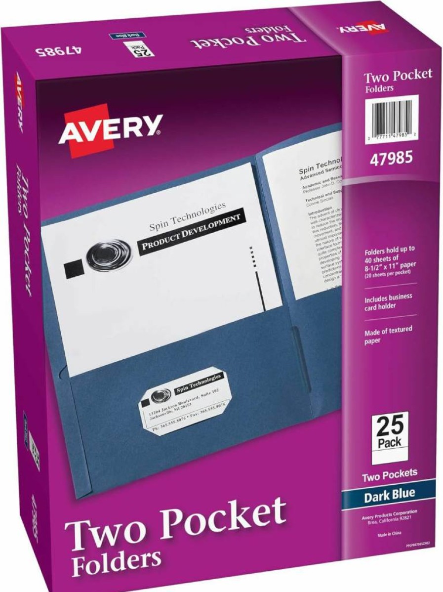 AVERY Two Pocket Folders with Business Card Slot, Holds 40 Sheets, Dark Blue, 25-Pack for Office, School, Presentations (47985)