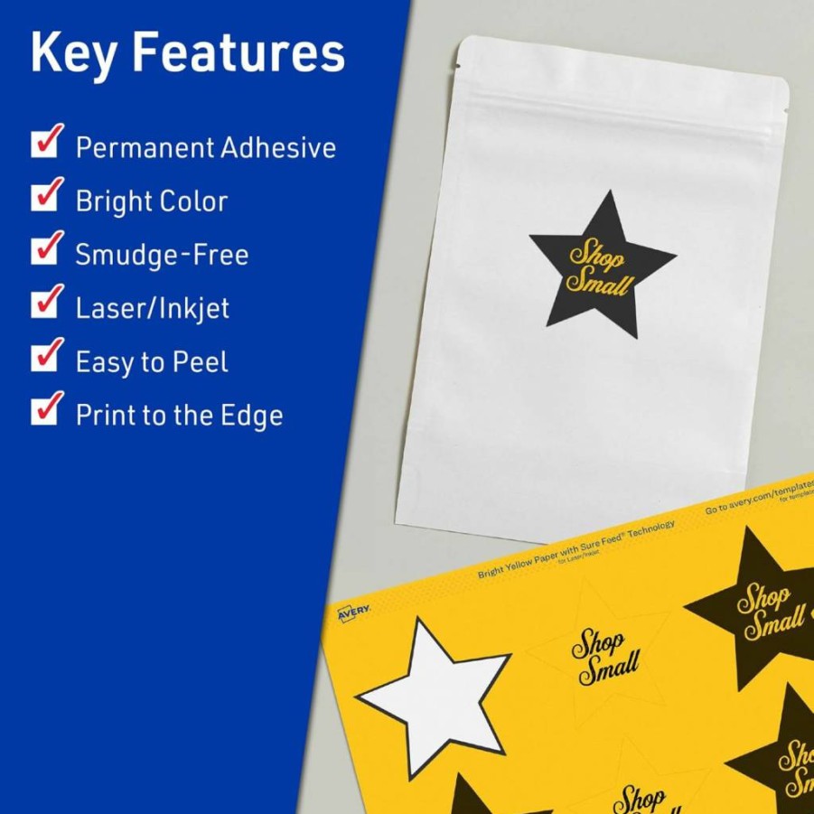 Avery Bright Yellow Printable Star Labels, 2-1/4" x 2-3/8", Sure Feed Technology, 120-Pack for Laser/Inkjet Printing, Ideal for Reward Stickers & Mailing Seals