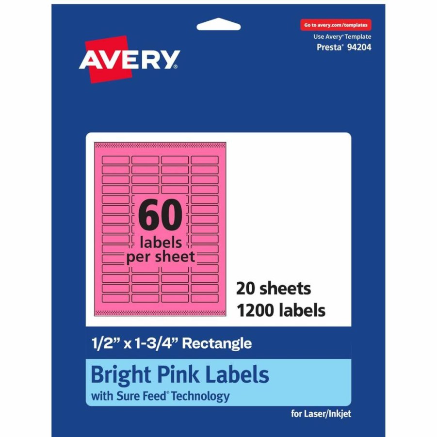 Avery Bright Pink Printable Labels 1/2" x 1-3/4" - Sure Feed Technology, 600 Pack for Laser/Inkjet Printing, Ideal for Jars & Organizing