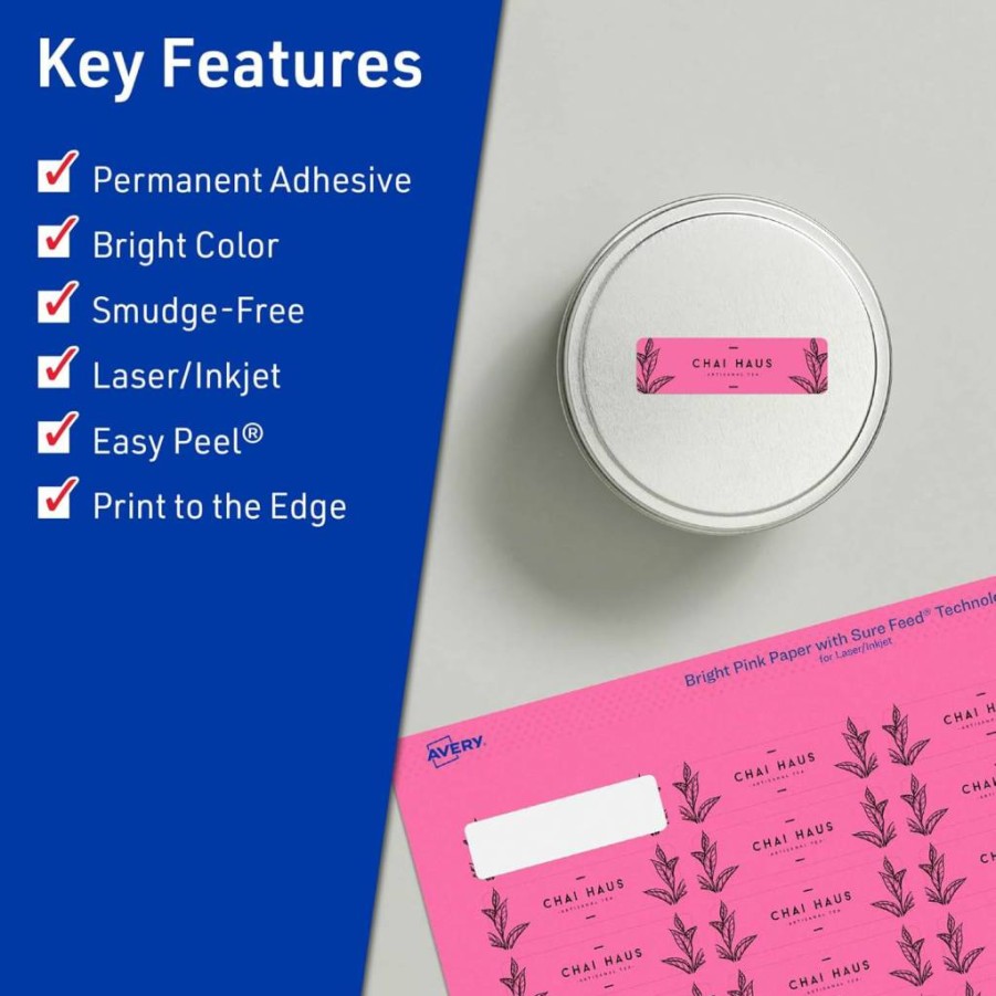 Avery Bright Pink Printable Labels 1/2" x 1-3/4" - Sure Feed Technology, 600 Pack for Laser/Inkjet Printing, Ideal for Jars & Organizing