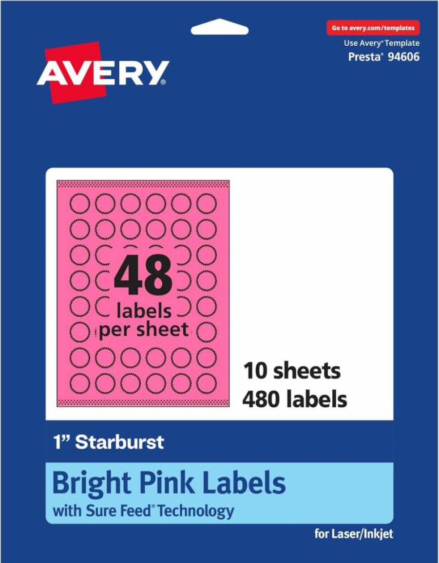 AVERY Sure Feed Technology 1" Bright Pink Printable Starburst Labels, 480 Pack, Print-To-The-Edge for Laser/Inkjet, Mailing Seals & Planner Stickers