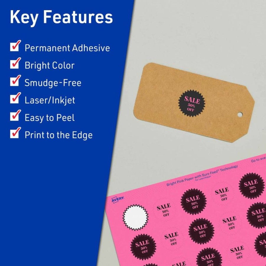 AVERY Sure Feed Technology 1" Bright Pink Printable Starburst Labels, 480 Pack, Print-To-The-Edge for Laser/Inkjet, Mailing Seals & Planner Stickers