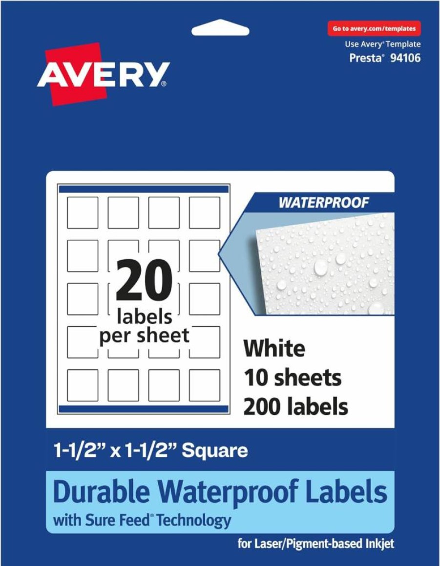 Avery 1.5" x 1.5" Waterproof Square Labels, 200 Pack, Sure Feed Technology, Oil & Tear-Resistant, Laser/Inkjet Printable, Print-To-The-Edge Design