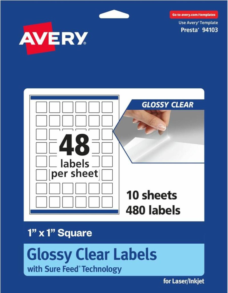 Avery Glossy Clear Square Labels 1" x 1" - 480 Pack, Sure Feed Technology, Edge-to-Edge Printing, Compatible with Laser & Inkjet Printers