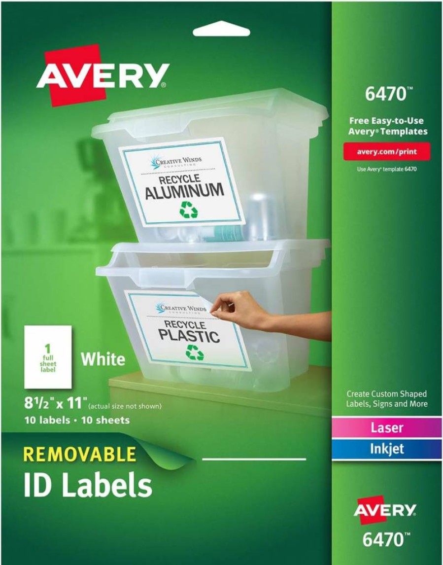 AVERY 06470 Removable Multipurpose Labels, 8.5" x 11" White Sticker Sheets, Pack of 10, Self-Adhesive Printable Paper for Home & Office Organization