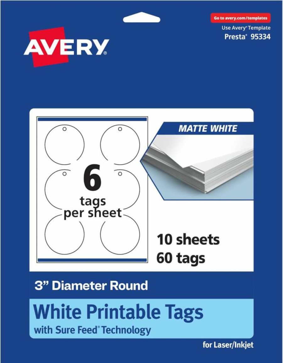 Avery Matte White Printable Round Tags 3" - 60 Pack, Sure Feed Technology, Laser/Inkjet Compatible, Edge-to-Edge Printing for Custom Gift & Branding Labels