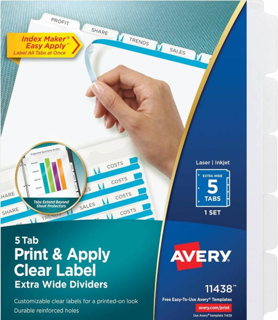 Avery 5-Tab Binder Dividers with Clear Label Strips, Extra Wide White Index Maker, 5 Sets (11440) for Easy Print & Apply