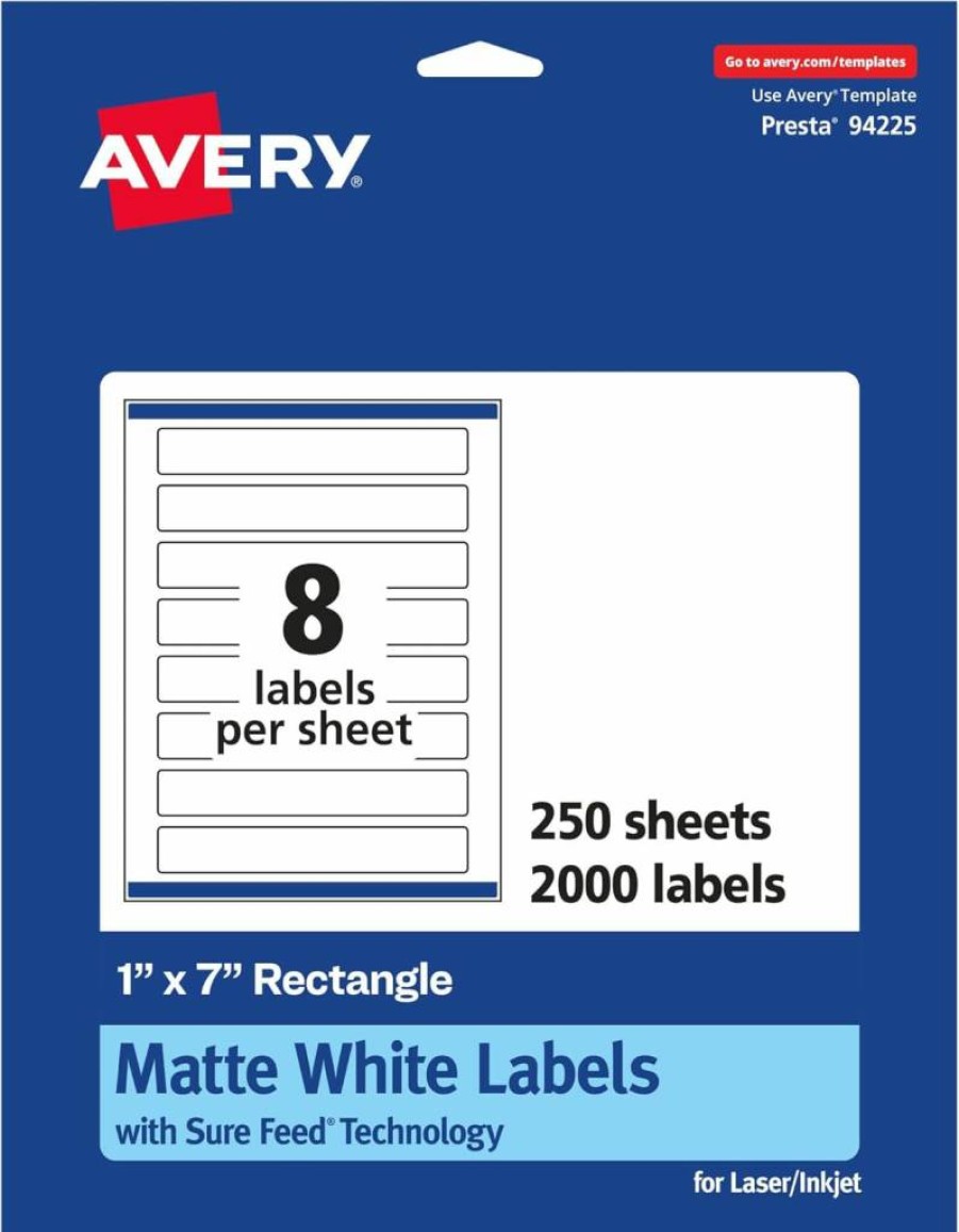 Avery Matte White Printable Labels 1" x 7" - 200 Pack, Sure Feed Technology for Laser/Inkjet Printers