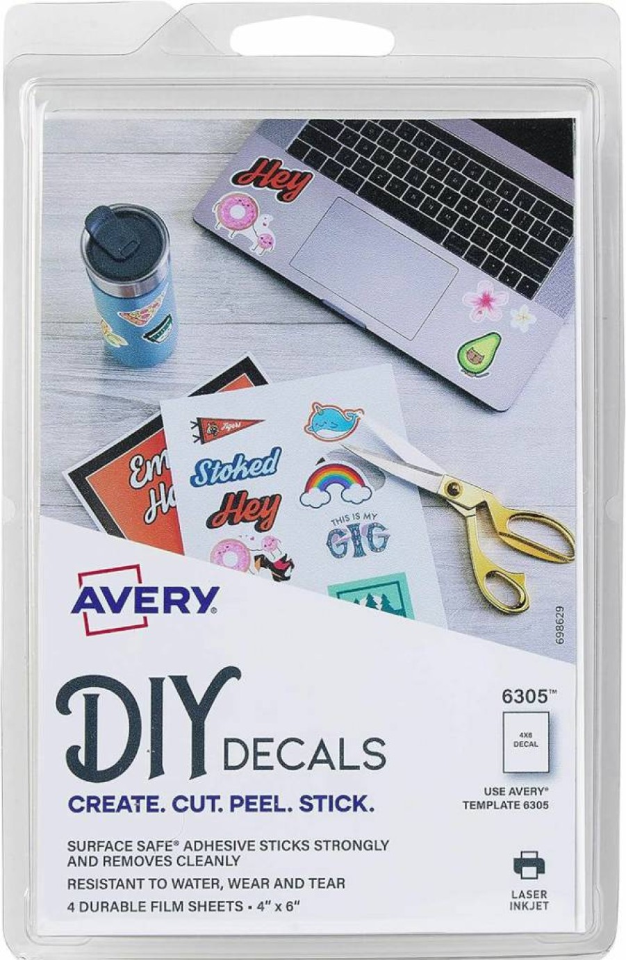 AVERY Removable Waterproof Printable Decal Stickers, 4" x 6" Tear-Resistant Labels, Surface Safe Adhesive, Pack of 4 (6305)