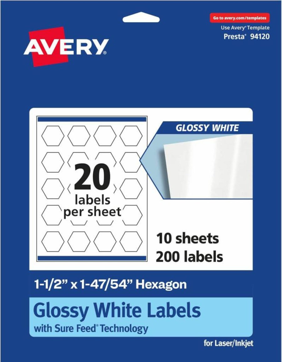 Avery Glossy White Hexagon Labels 1.5" x 1.75", 200-Pack, Sure Feed Technology, Print-to-the-Edge, Permanent Adhesive, Laser/Inkjet Printable