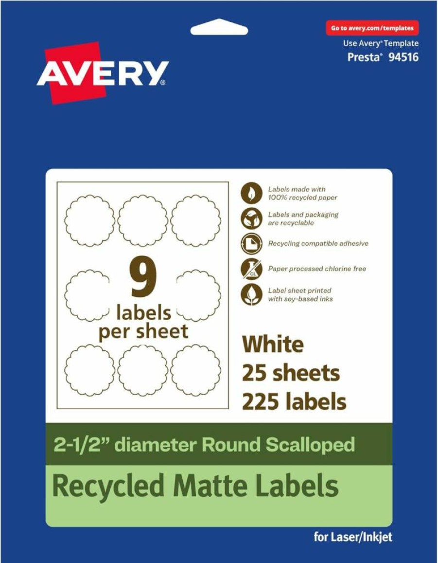 AVERY Recycled Round Scalloped Labels 2.5" - Eco-Friendly Matte White, Print-to-Edge, Permanent Adhesive, Laser/Inkjet Printable, 90-Pack
