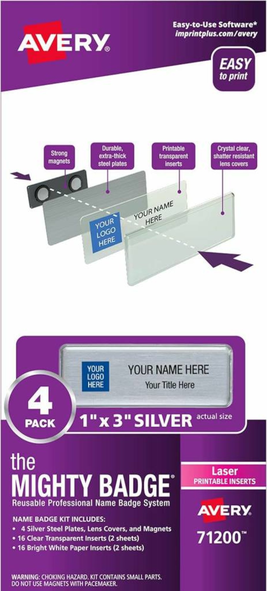 AVERY 71200 Silver Name Tags - 1" x 3" Mighty Badge with 4 ID Badges & 32 Laser Printer Inserts for Professional Identification