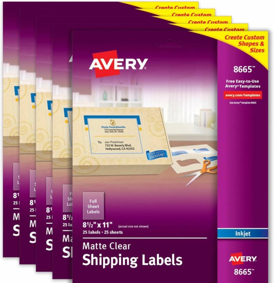 AVERY 8665 Matte Clear Printable Shipping Labels, 8.5" x 11" Full Sheet for Inkjet Printers, 25-Pack, DIY Custom Labels with Scissors or Cutting Machines