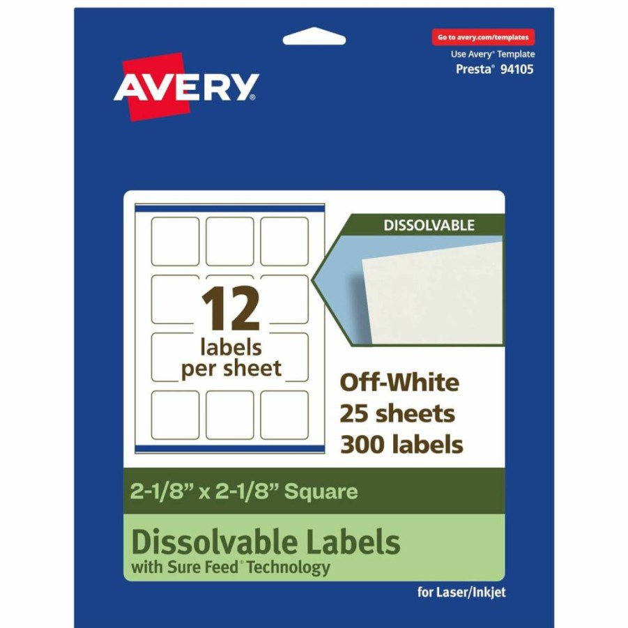 AVERY Matte White Dissolvable Square Labels 2-1/8" x 2-1/8" - 120 Pack, Sure Feed Technology, Laser/Inkjet Printable, Print-To-The-Edge