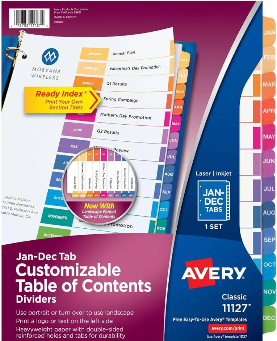 Avery 12-Tab Monthly Dividers for 3-Ring Binders, Customizable Index Tabs, Multicolor January-December Set, 3-Pack (44128)