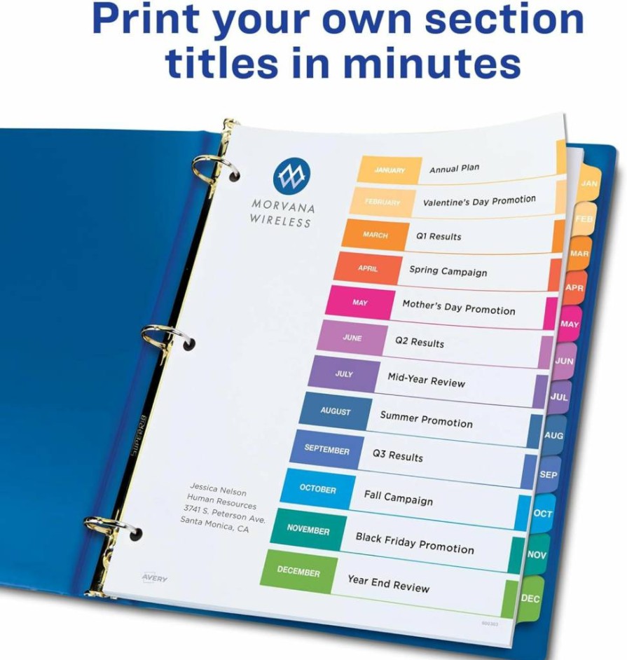 Avery 12-Tab Monthly Dividers for 3-Ring Binders, Customizable Index Tabs, Multicolor January-December Set, 3-Pack (44128)