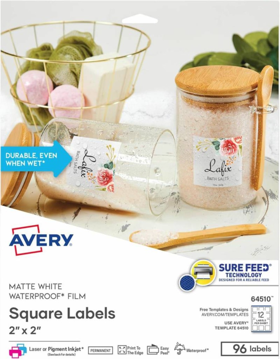 Avery 64510 Durable Waterproof Labels, 2" x 2" Square, Oil-Resistant, Sure Feed Technology, Laser/Pigment Inkjet Compatible, Print to Edge, 96-Pack