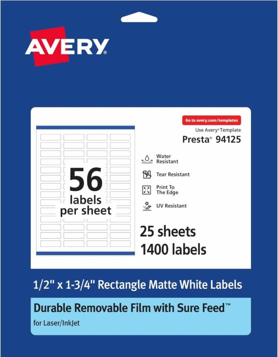 Avery Removable Labels 0.5" x 1.75" - Matte White, Water-Resistant, Sure Feed, Laser/Inkjet Compatible, 1400 Count