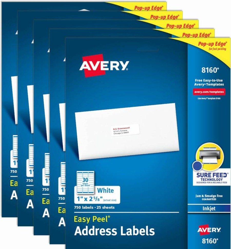 Avery 8160 Easy Peel Printable Address Labels, 1" x 2-5/8" White Mailing Stickers, 5-Pack (3,750 Labels), Sure Feed Technology for Shipping, Mailing & Organizing