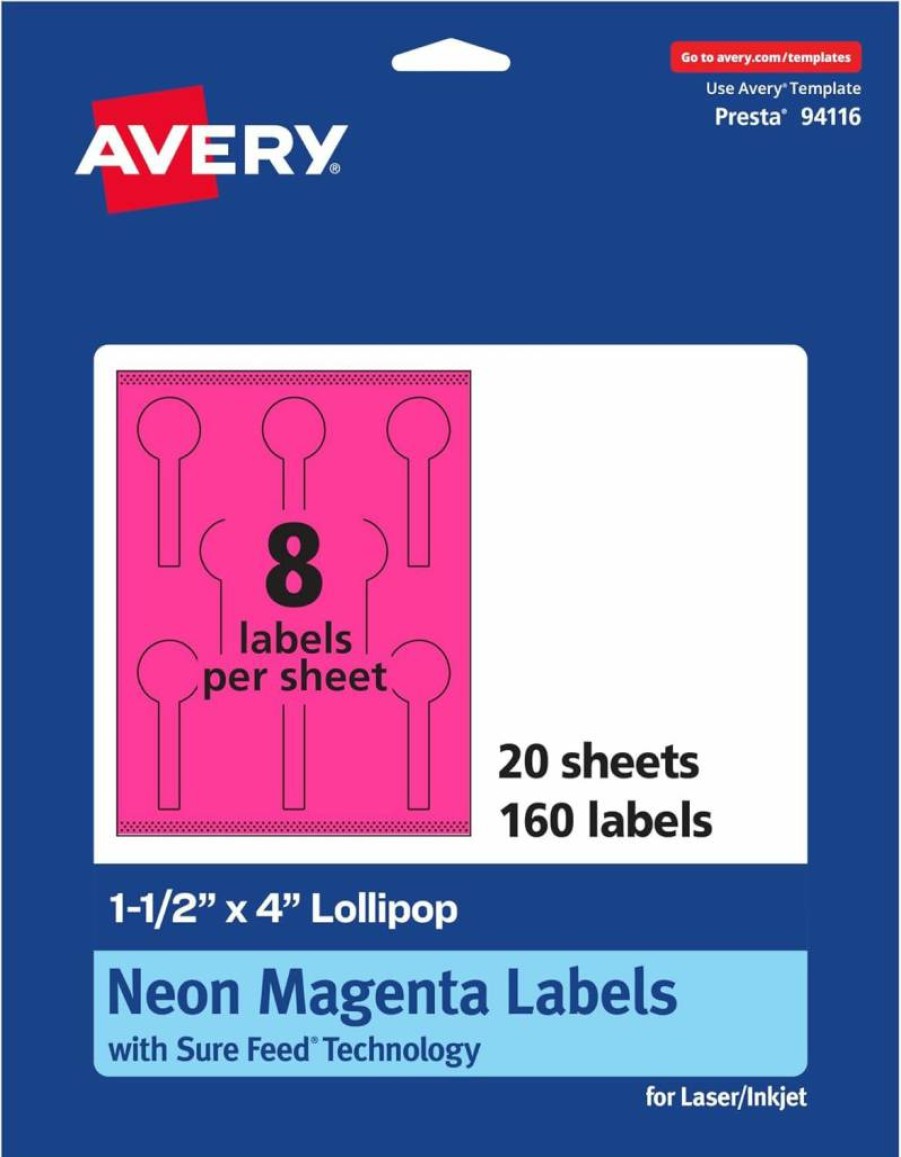 Avery Neon Magenta Printable Lollipop Labels 1.5" x 4" - 160 Sure Feed Stickers for Jars, Baking Seals - Laser/Inkjet Compatible Print-To-The-Edge Design