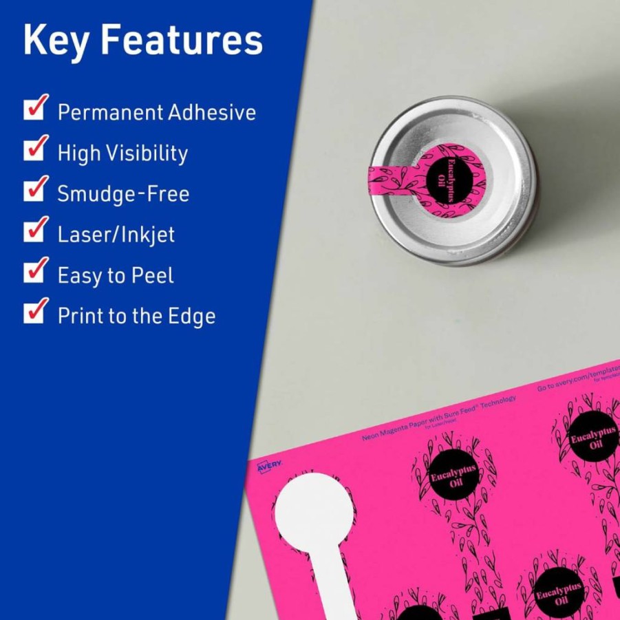 Avery Neon Magenta Printable Lollipop Labels 1.5" x 4" - 160 Sure Feed Stickers for Jars, Baking Seals - Laser/Inkjet Compatible Print-To-The-Edge Design