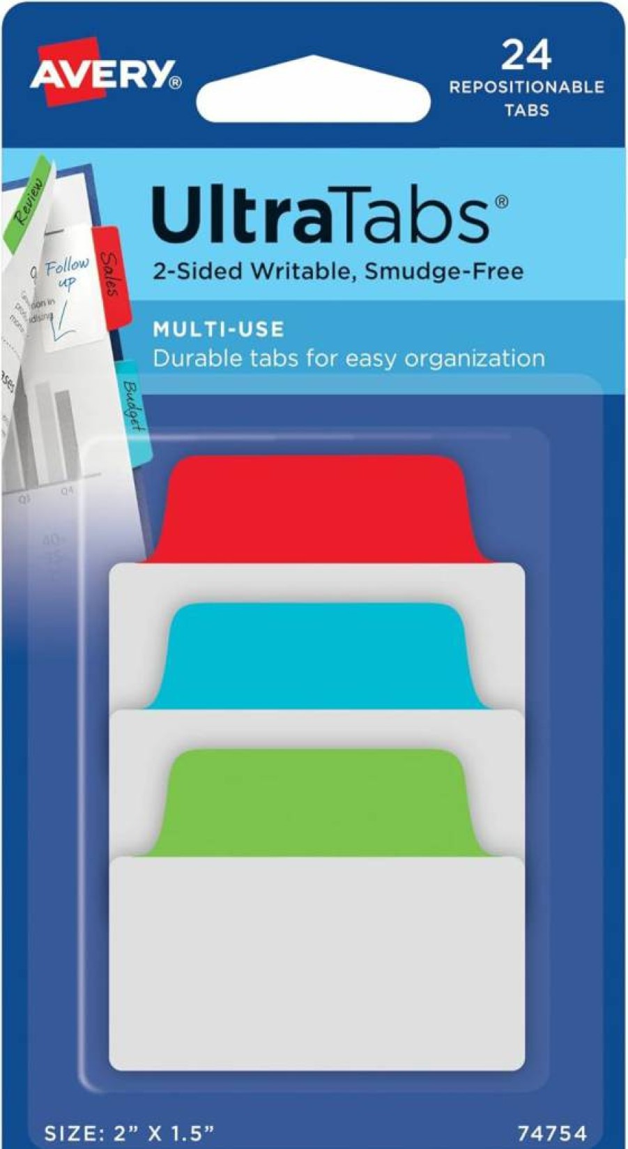 Avery Repositionable Multi-Color Tabs, 2" x 1.5", 2-Sided Writable, 24-Pack (74754) for Organizing Files & Documents