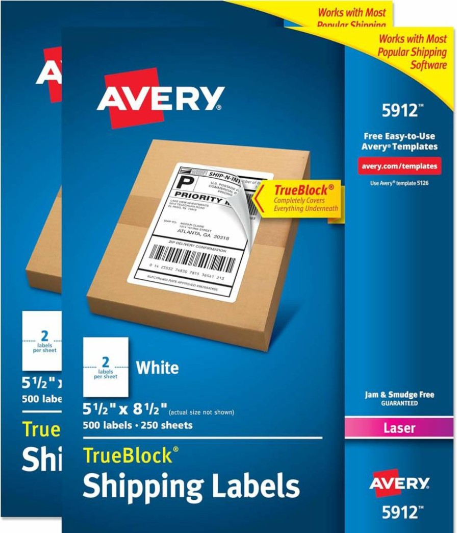 Avery 5912 Half-Sheet Printable Shipping Labels, 5.5" x 8.5" White Customizable Stickers, 500 Blank Mailing Labels for Shipping, Organizing & Bulk Mailing