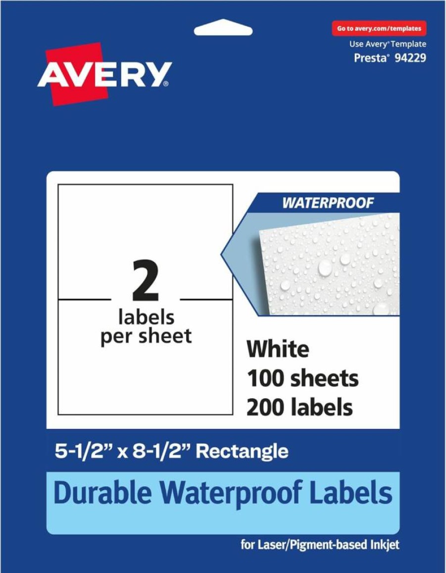 Avery 5.5" x 8.5" Waterproof Rectangle Labels, 20-Pack, Oil & Tear-Resistant, Laser/Inkjet Printable for Durable Labeling