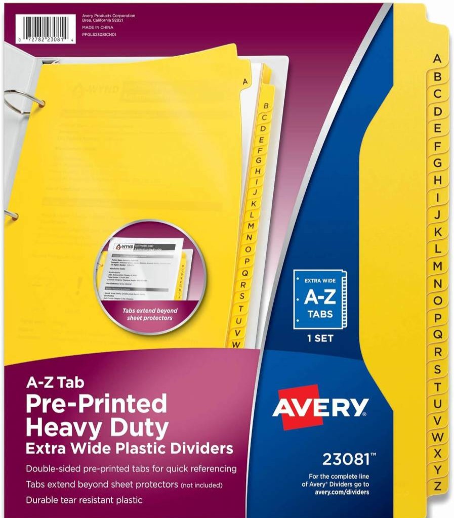Avery 23081 Heavy-Duty Yellow Plastic Dividers with 26 A-Z Tabs for Industrial Use