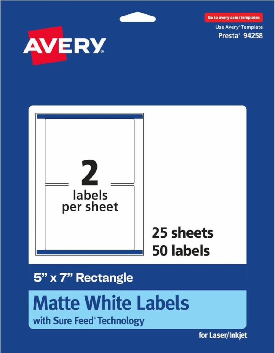 Avery Matte White 5" x 7" Printable Rectangle Labels with Sure Feed Technology, 50-Pack