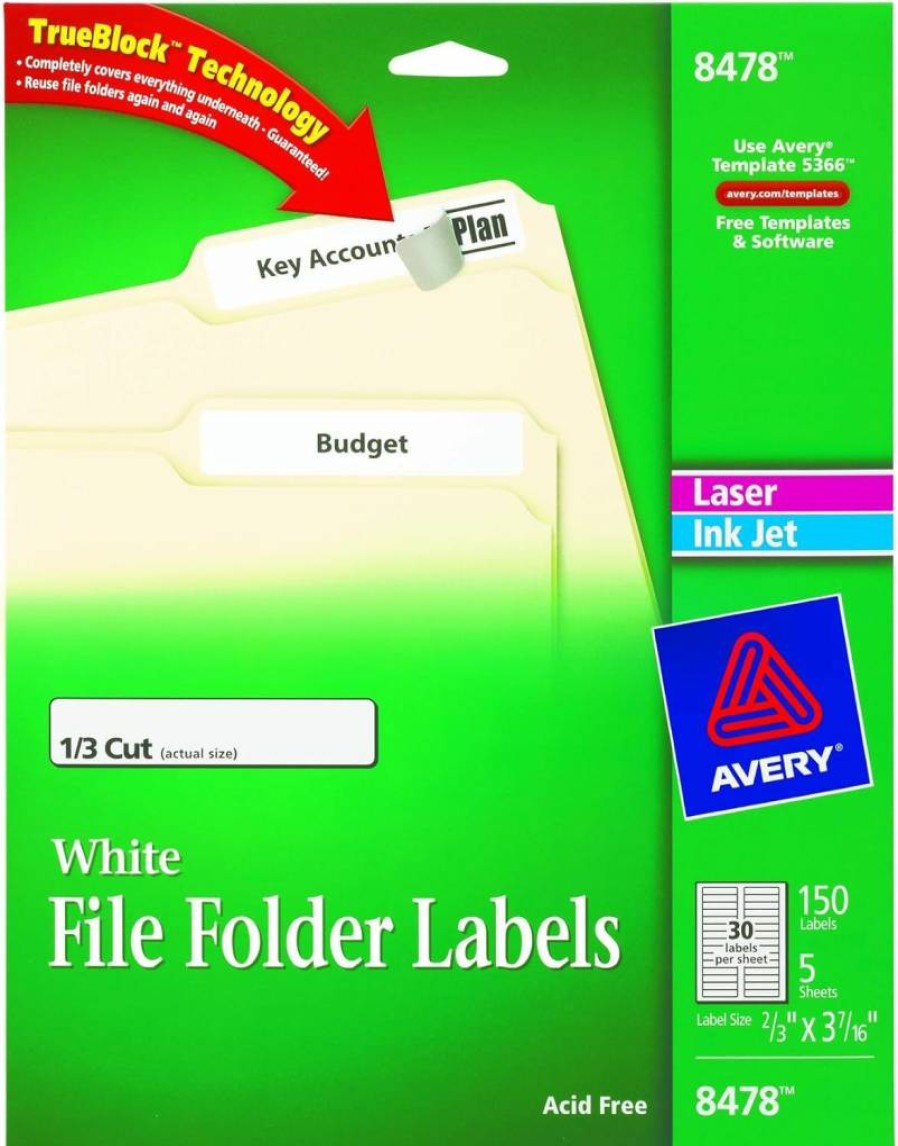 Avery 8478 White File Folder Labels 0.66" x 3.43" - 150 Pack for Laser & Inkjet Printers