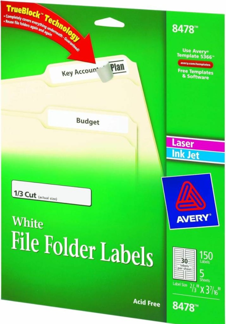 Avery 8478 White File Folder Labels 0.66" x 3.43" - 150 Pack for Laser & Inkjet Printers