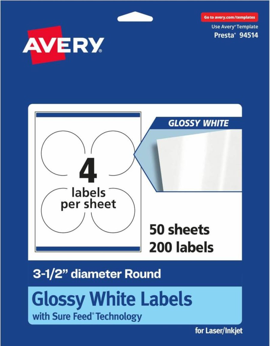 Avery Round Labels 3.5" - 40 Glossy White Sheets, Sure Feed Technology, Print to Edge, Permanent Adhesive, Laser/Inkjet Compatible