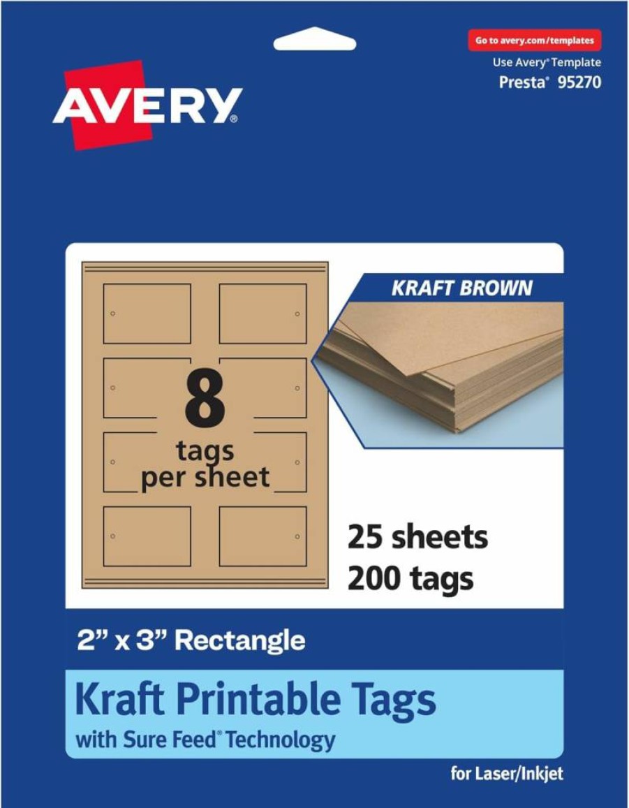 Avery Printable Kraft Brown Tags, 2" x 3" Rectangle Labels, Sure Feed Technology, Print-To-The-Edge for Laser/Inkjet, 200-Pack, Cardstock