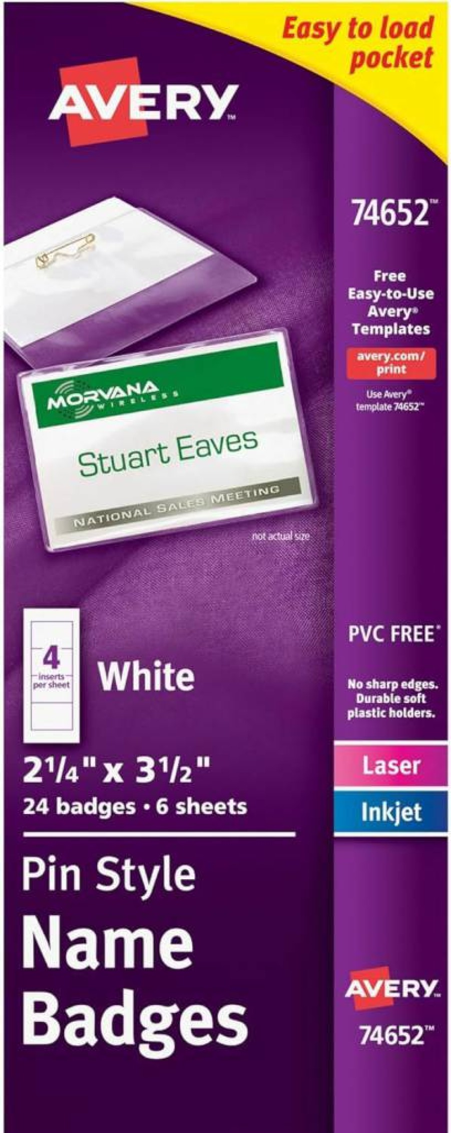 Avery 74652 Customizable Pin Style Name Badges, 2.25" x 3.5" Clear Tag Holders with 200 White Printable Inserts for Laser/Inkjet Printing