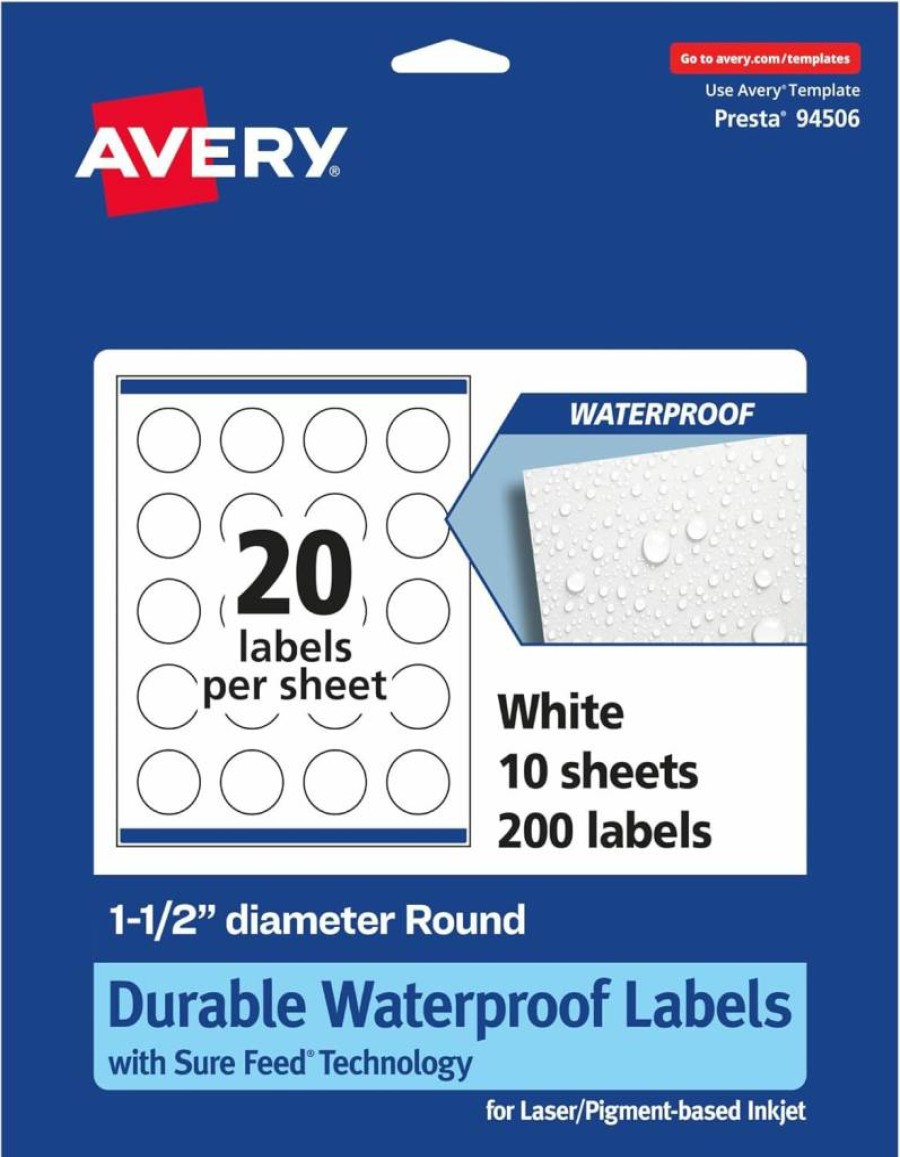Avery Round Waterproof Labels 1.5" - 500 Pack, Tear & Oil Resistant, Laser/Inkjet Printable, Sure Feed Technology, Print to Edge Design
