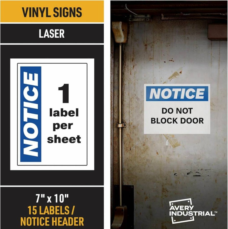 AVERY 61555 Permanent Outdoor Vinyl Sign Labels, 7x10 Inches, Laser Printable Notice Header, 15 Blank Industrial Signs for Outdoor Use
