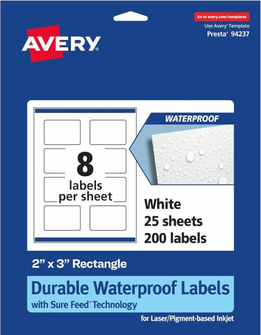 Avery 2" x 3" Waterproof Rectangle Labels, 40-Pack, Sure Feed Technology, Oil & Tear-Resistant, Laser/Inkjet Printable, Print-To-The-Edge Design
